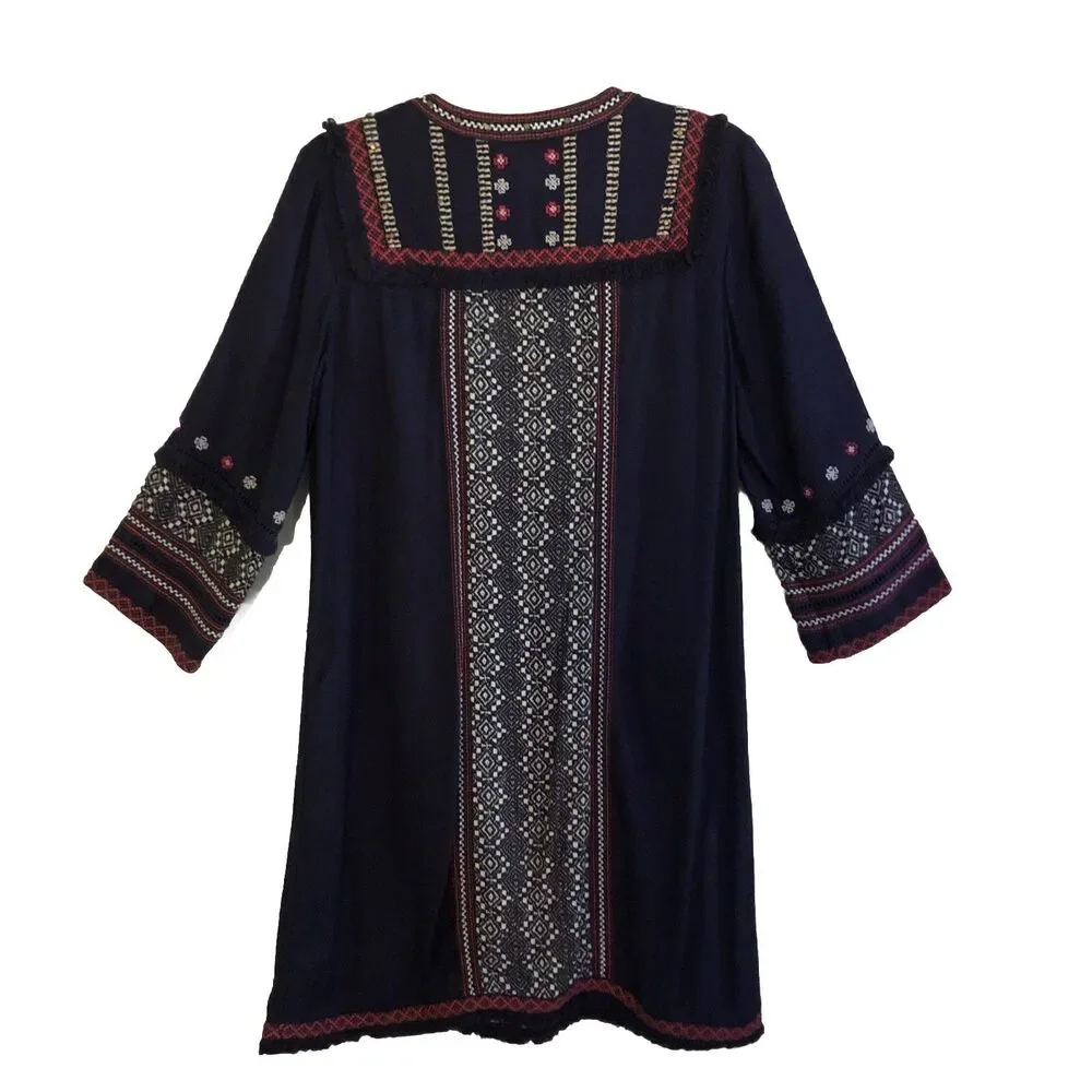 Anthropologie Akemi + Kin Tessa Dress Womens Sz 8 Navy Embroided Boho Festival